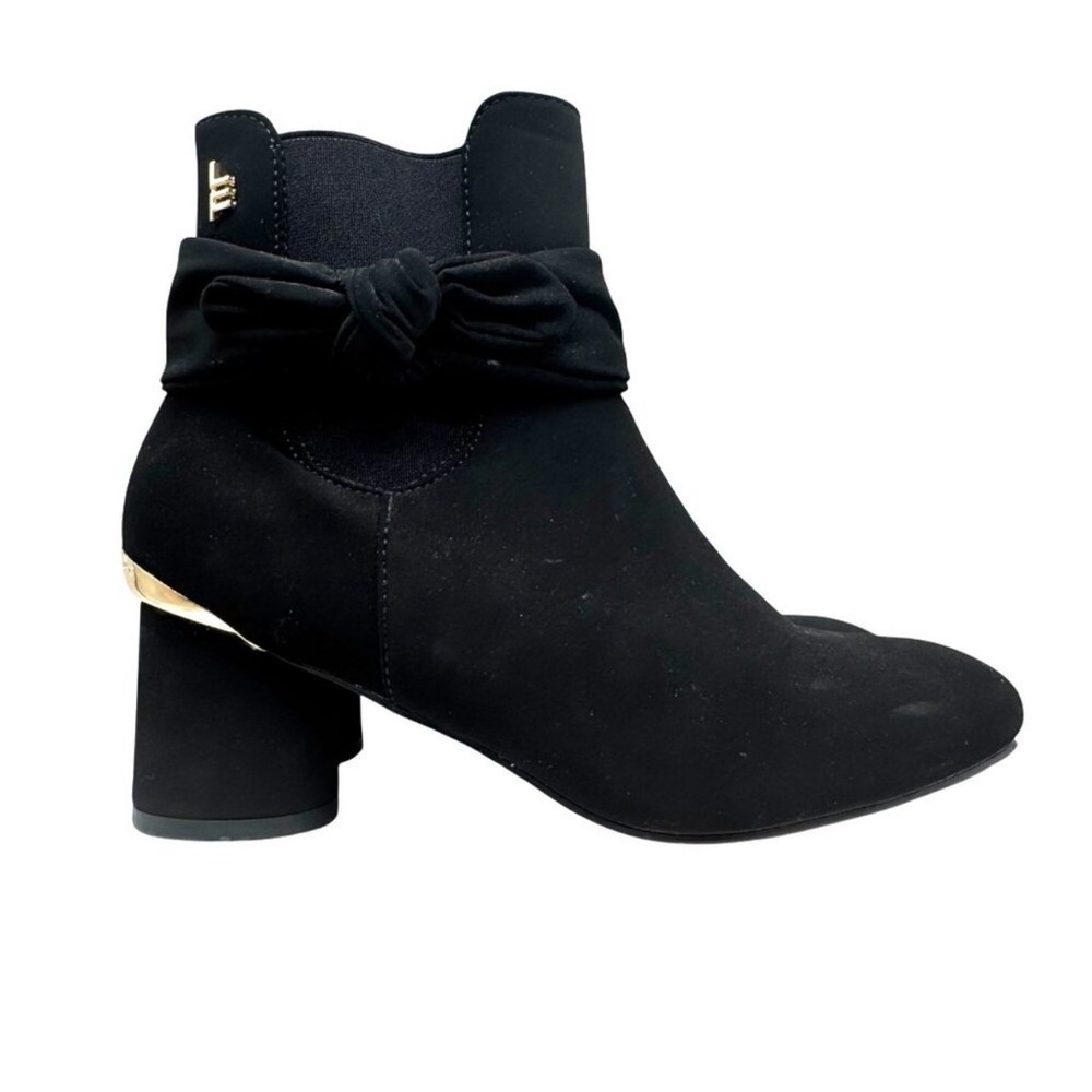London Fog Jizelle Black Faux Suede Leather Bow detail Ankle booties Women sz 7